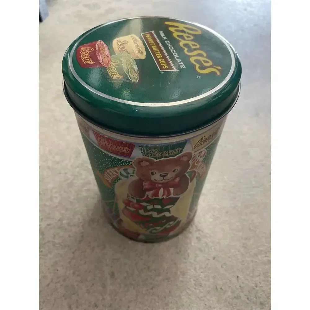 Vintage Collectible Tin - 1990 Hershey Reeses - Green Christmas Bear in Stocking